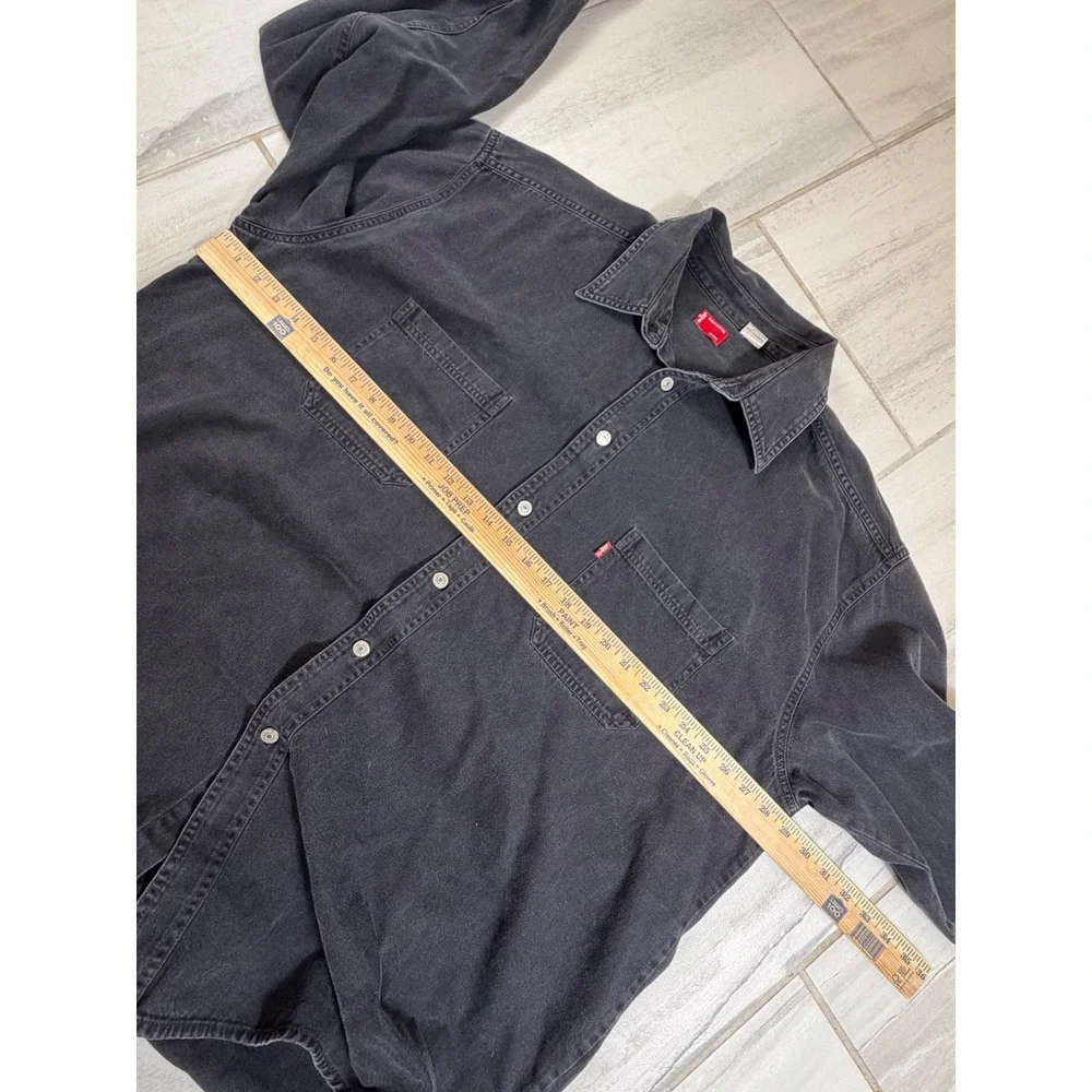 Vintage 90s Levis XXL Black Denim Button Down Long Sleeve Shirt Oversized Heavy